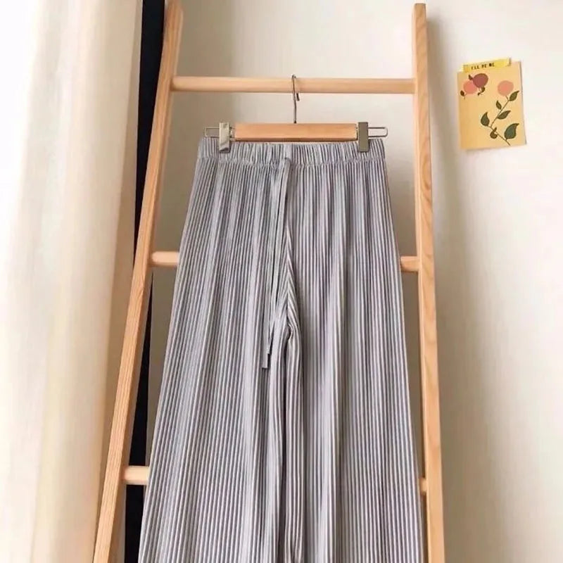 Pantalon d'été plissé en soie pour femmes, couleur unie, taille élastique, jambes larges, décontracté, en mousseline de soi