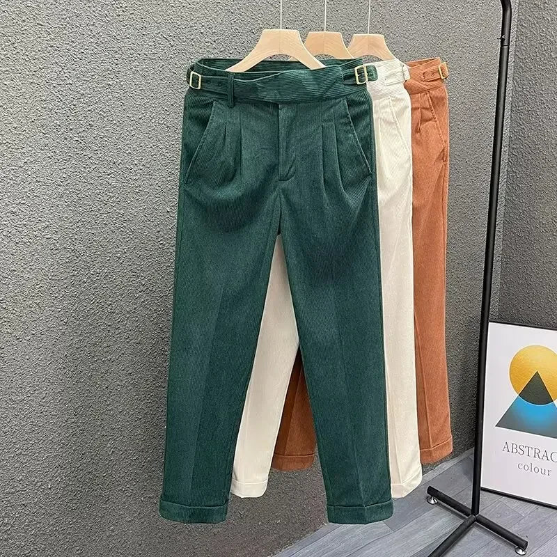 Pantalon de costume en velours côtelé taille haute, Style italien, revers, jambe droite, mode automne hiver,Design Naples Vintage