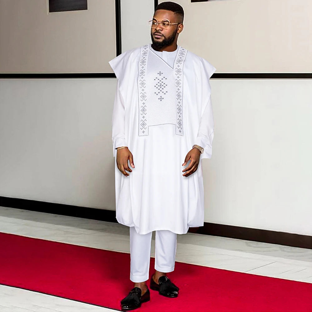 Ensemble Agbada Vêtements africains pour hommes, tenue de fête de mariage blanche, chemise brodée, pantalon, ensemble 3 pièces