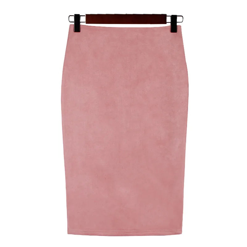 Jupe crayon taille haute moulante pour femme Vintage daim fendu épais extensible couleur unie