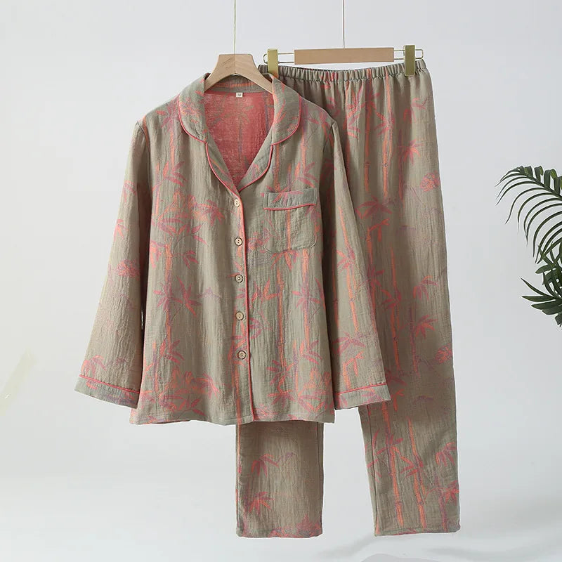 Pyjama rétro Double couche en pur coton pour femmes, ensemble deux pièces à manches longues, vêtements de maison, vêtements de nuit nouvelle collection 2026