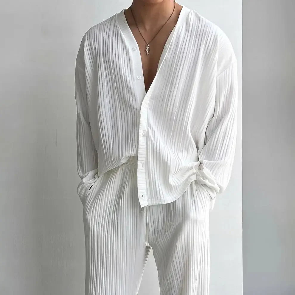 Ensemble  Cardigan en V profond pour hommes, couleur unie, Sexy, pull tricoté, chemise, costume décontracté à la mode