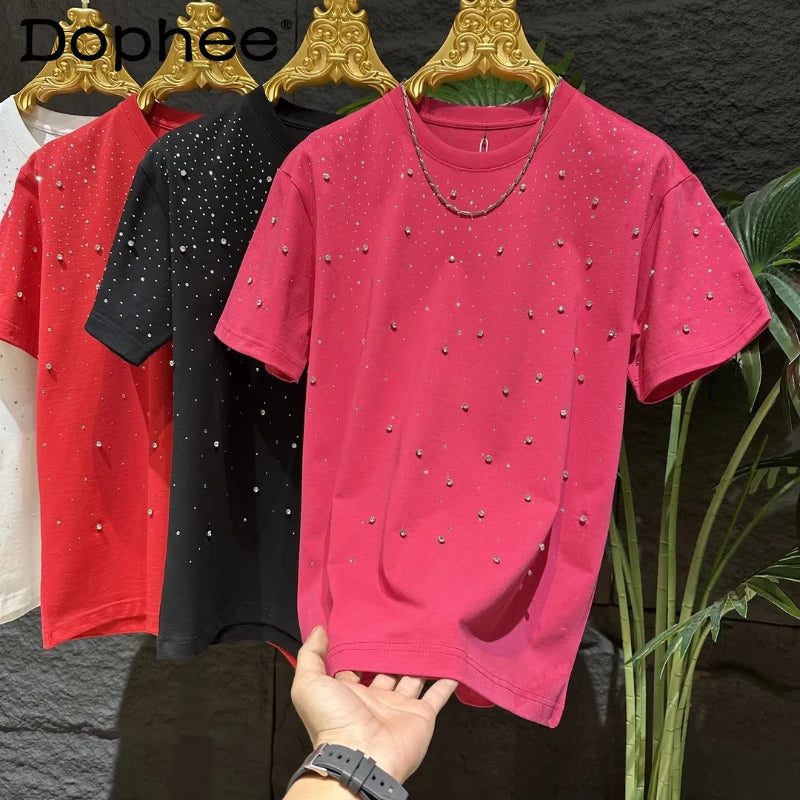 T-shirts chaud diamant Rivets ciel étoilé à manches courtes pour hommes de luxe polyvalent