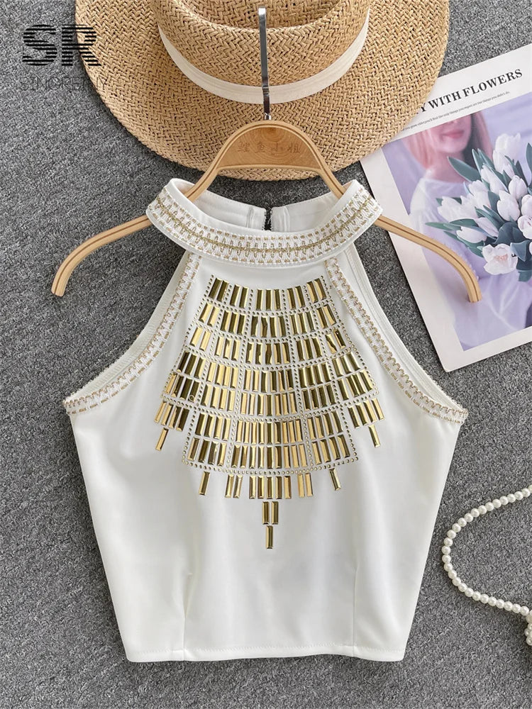 Haut sans manches à paillettes pour femmes, col licou, fermeture éclair, mode, élégant, haute qualité, Streetwear,Sexy, été, 2026