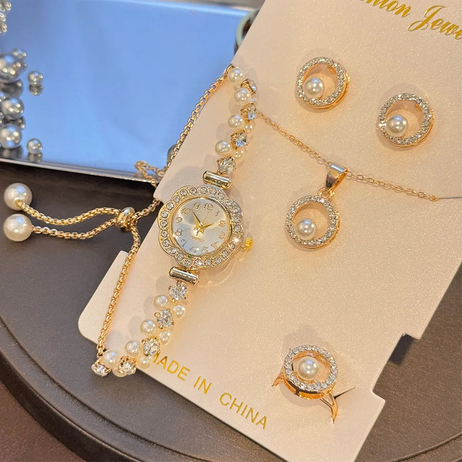 Ensemble Montre de luxe en diamant incrusté de perles pour femmes, cadeau pour femmes, collier, boucles d'oreilles, bague, montre-bracelet élégante, Suite de quatre pièces