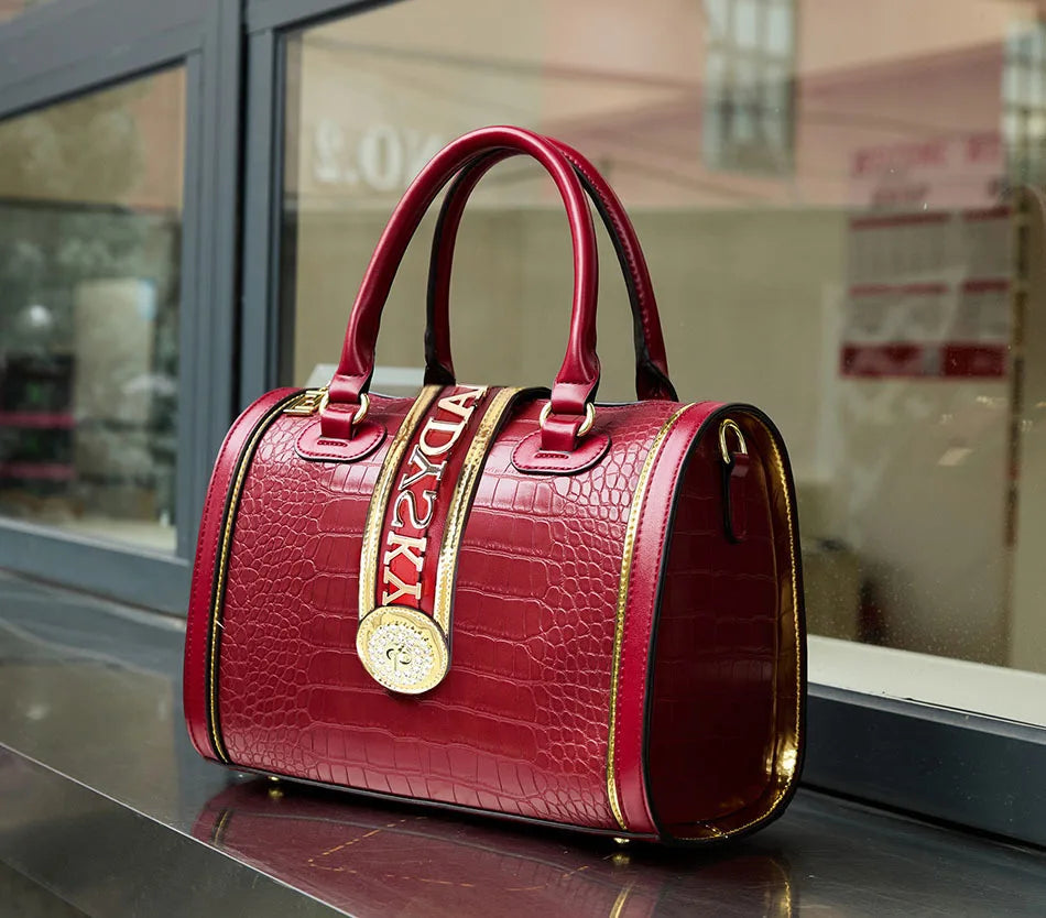 Sac à bandoulière classique rétro pour femmes, sac à main Boston Crocodile en relief, décoration de lettres, sac à poignée supérieure de haute qualité