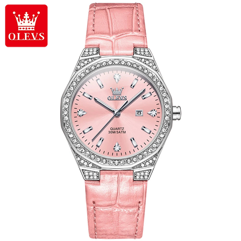 OLEVS Original femmes montres diamant tour mode bracelet en cuir 3m étanche lumineux dames montre-bracelet montre à Quartz pour les femmes