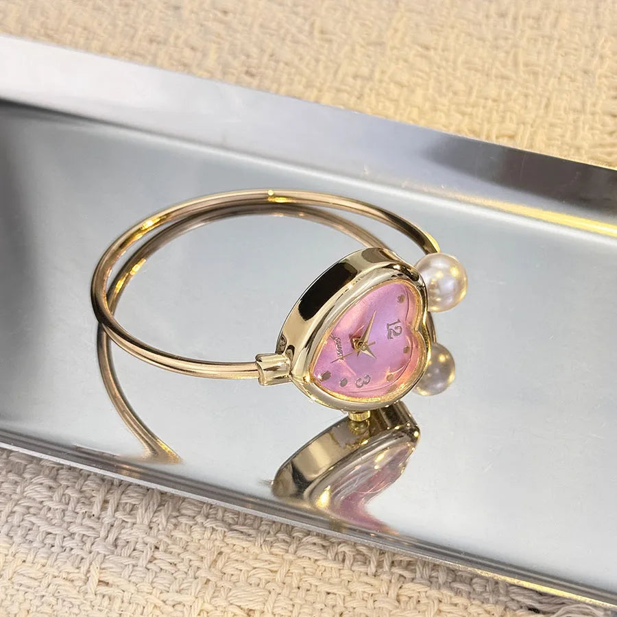 Montre Style Bracelet conception ouverte perle amour montre à Quartz, forme de coeur délicate, montre pour femme Portable nouveau style