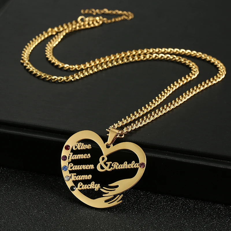 Collier personnalisé avec noms de famille, pendentif personnalisé en acier inoxydable avec chaîne cubaine de 3mm, pierre de naissance, cœur, câlin à la main, arbre de vie
