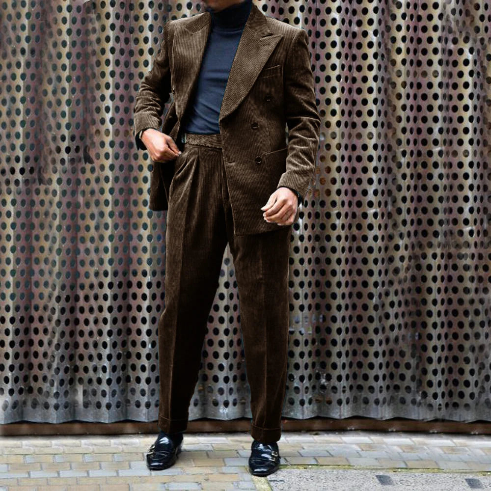 Ensemble Veste et pantalon en velours côtelé pour hommes, tenue de mariage décontractée, double boutonnage, revers Entièrement trempé, 2 pièces