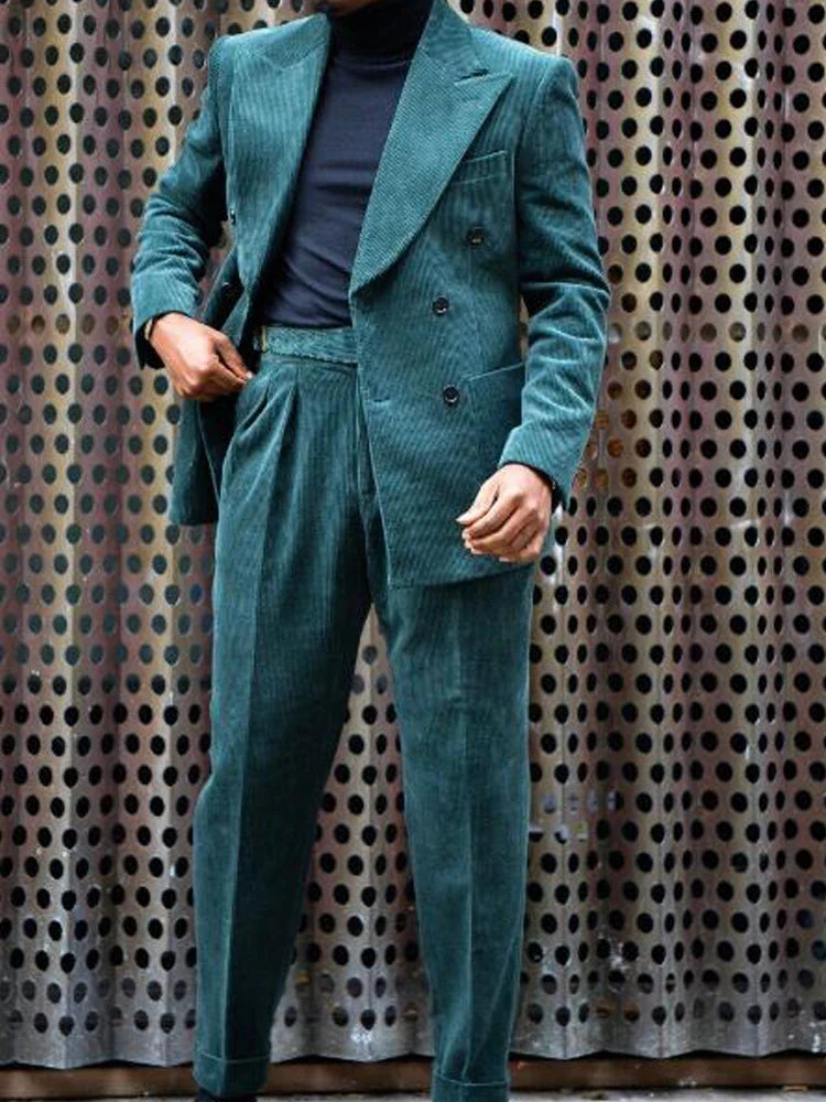 Ensemble Veste et pantalon en velours côtelé pour hommes, tenue de mariage décontractée, double boutonnage, revers Entièrement trempé, 2 pièces