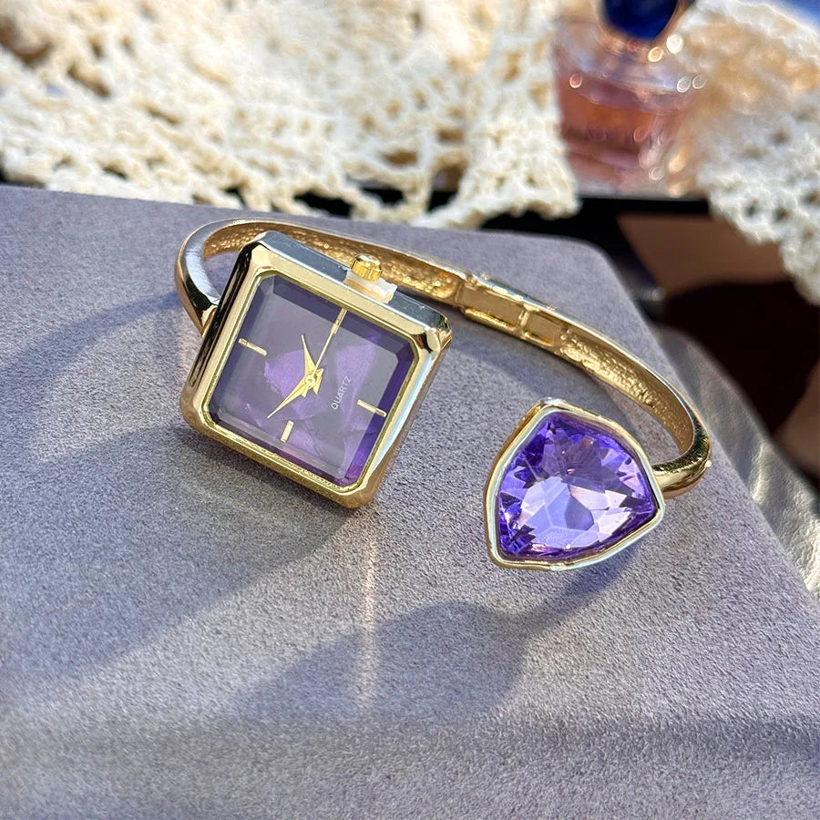 Nouvelle montre-Bracelet ouvert pour femme, forme assortie, couleur diamant, pierres précieuses, montre-Bracelet à Quartz haut de gamme, montre élégante pour paresseux