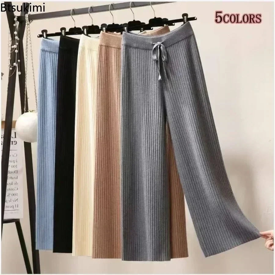 Pantalon drapé taille haute à jambes larges pour femme, décontracté, ample, en tricot, jambes droites, à lacets, couleur unie, 2026