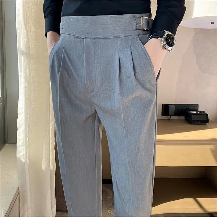 Style britannique hommes taille haute tenue décontractée pantalon hommes ceinture conception mince pantalon formel bureau Social robe de soirée de mariage costume pantalon