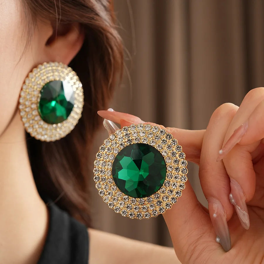 Ensemble de bijoux ronds en verre strass incrusté vert pour femmes, collier, lumière émeraude, luxe, chaîne de clavicule, boucles d'oreilles, ensemble de mariage