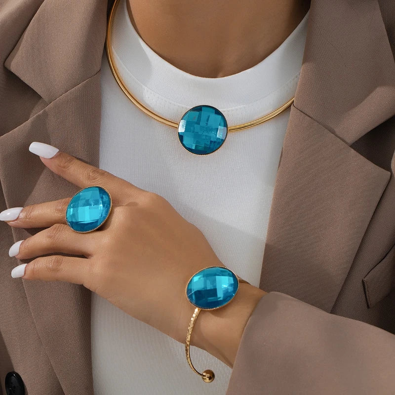 Ensemble bracelet, bague et collier en pierre bleue, accessoires de bijoux simples à la mode, cadeau de fête, nouveau Style 2025
