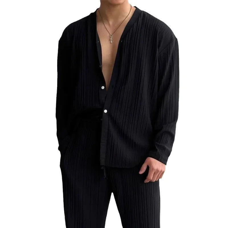 Ensemble  Cardigan en V profond pour hommes, couleur unie, Sexy, pull tricoté, chemise, costume décontracté à la mode