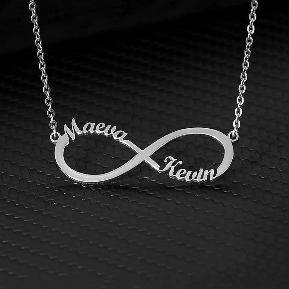 Colliers infini personnalisés à Double cœur et deux noms pour femmes, pendentif en acier inoxydable, bijoux personnalisés, cadeau