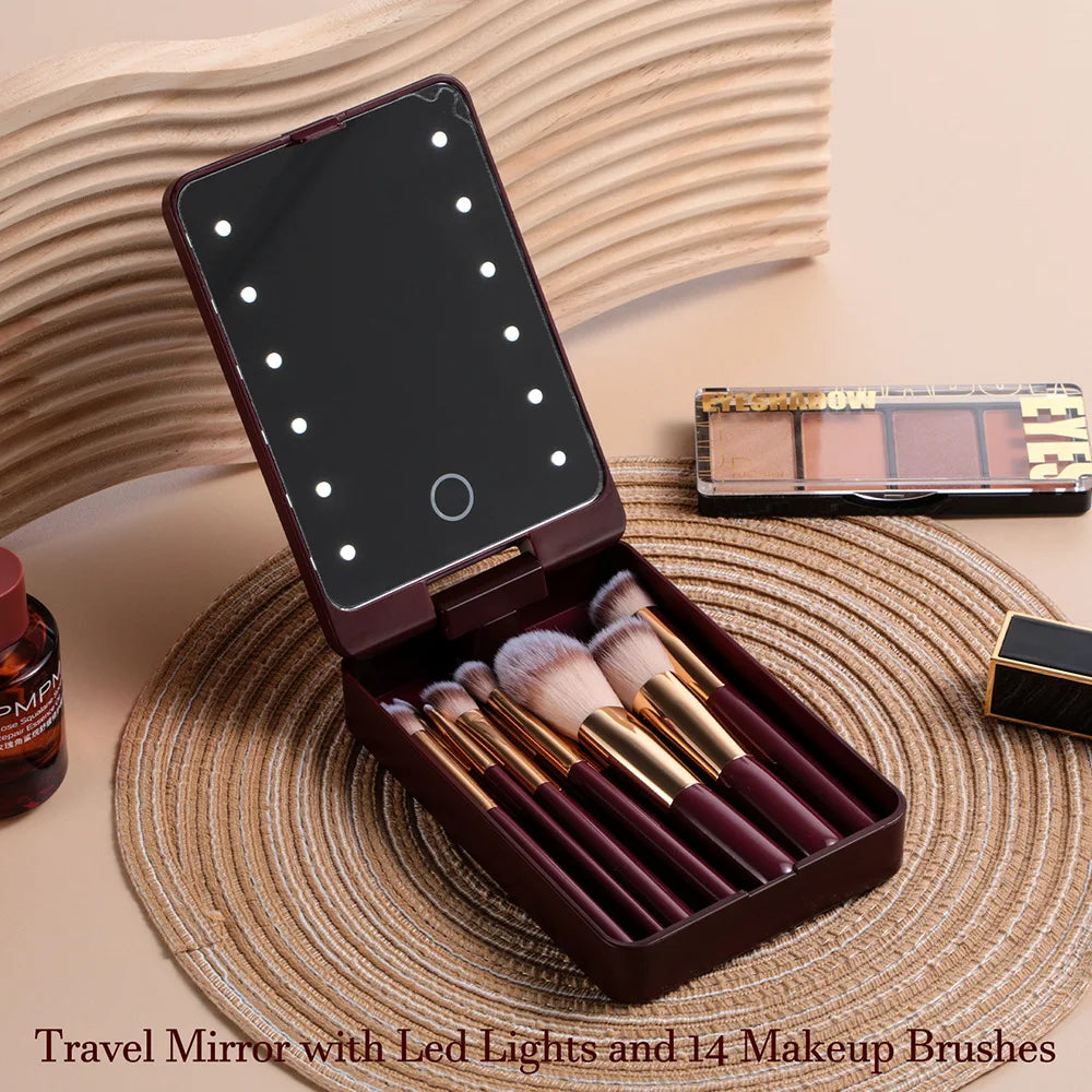 14 pièces ensemble de pinceaux de maquillage avec miroir éclairé Portable poignée courte lumière LED USB Kit de pinceaux de maquillage rechargeables