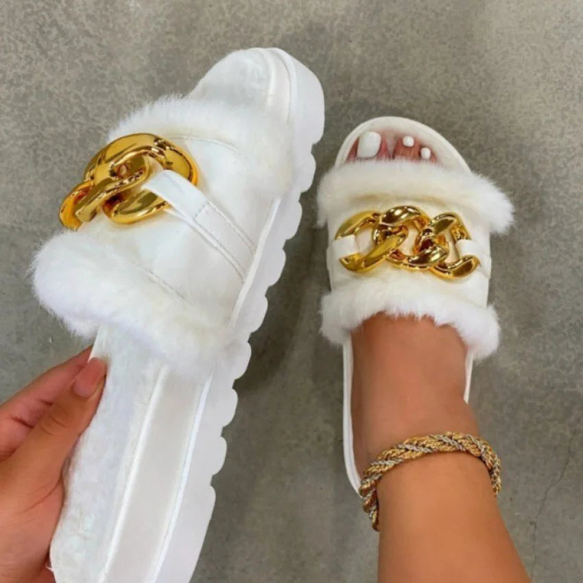 Pantoufles poilues avec boucle en métal pour femmes, nouvelle marque de luxe,  pantà la mode, automne/hiver 2024