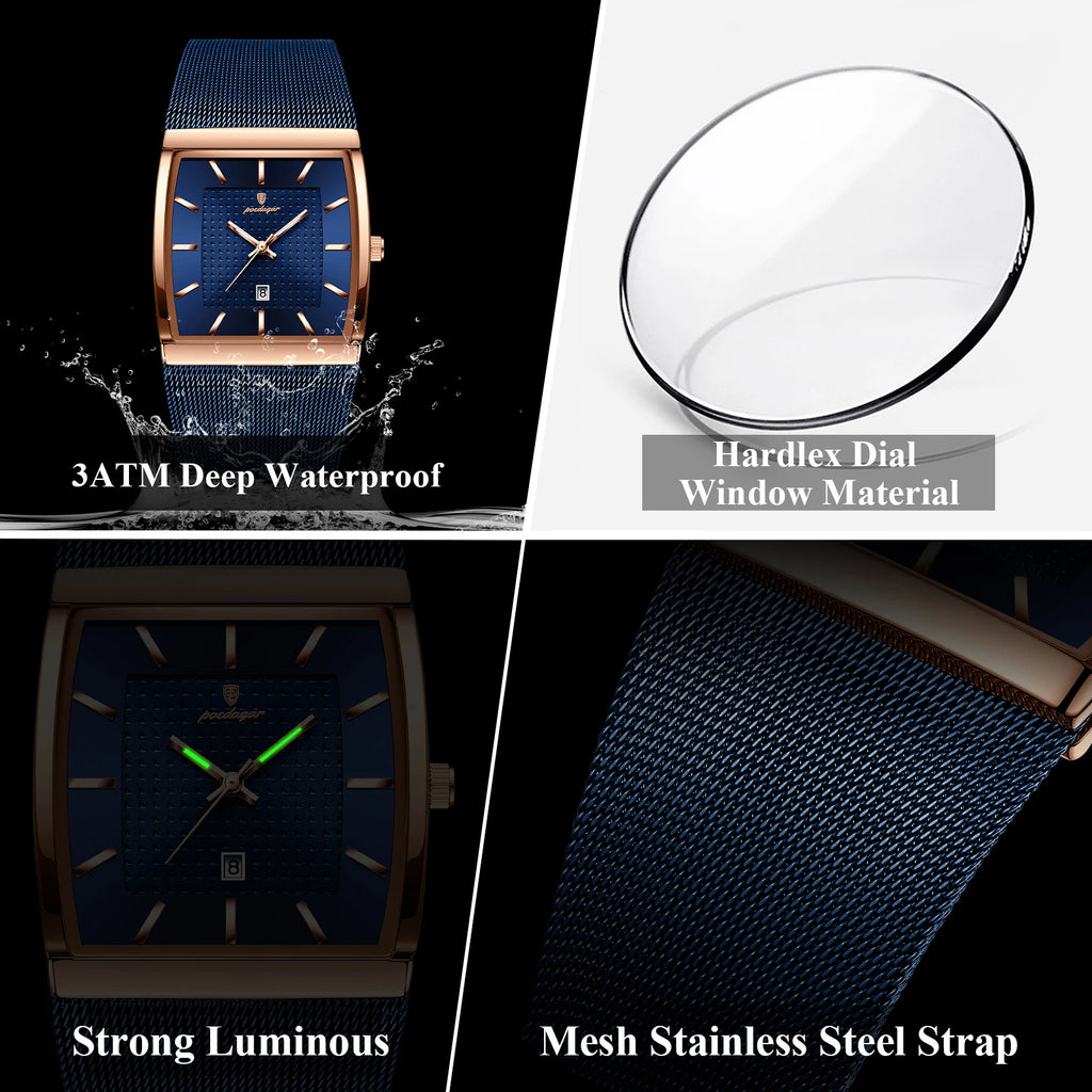 Top luxe hommes montre en acier inoxydable maille Date étanche lumineux homme montre-bracelet décontracté Rectangle Quartz hommes montres