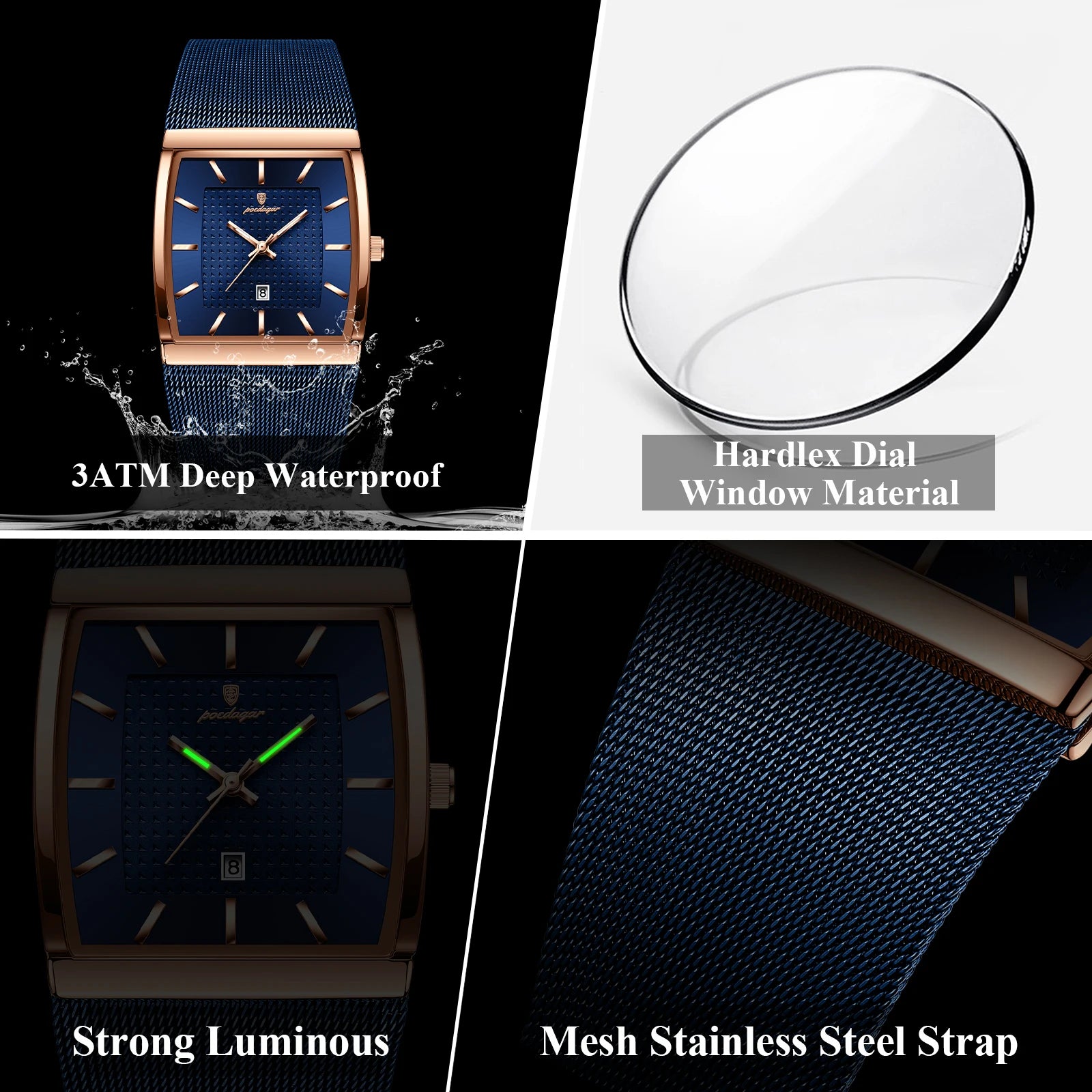 Top luxe hommes montre en acier inoxydable maille Date étanche lumineux homme montre-bracelet décontracté Rectangle Quartz hommes montres