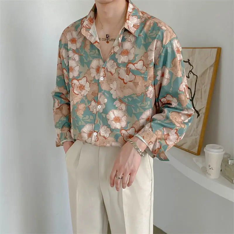 Chemise à manches longues imprimée en 3D pour hommes, chemise à motif floral, haute qualité