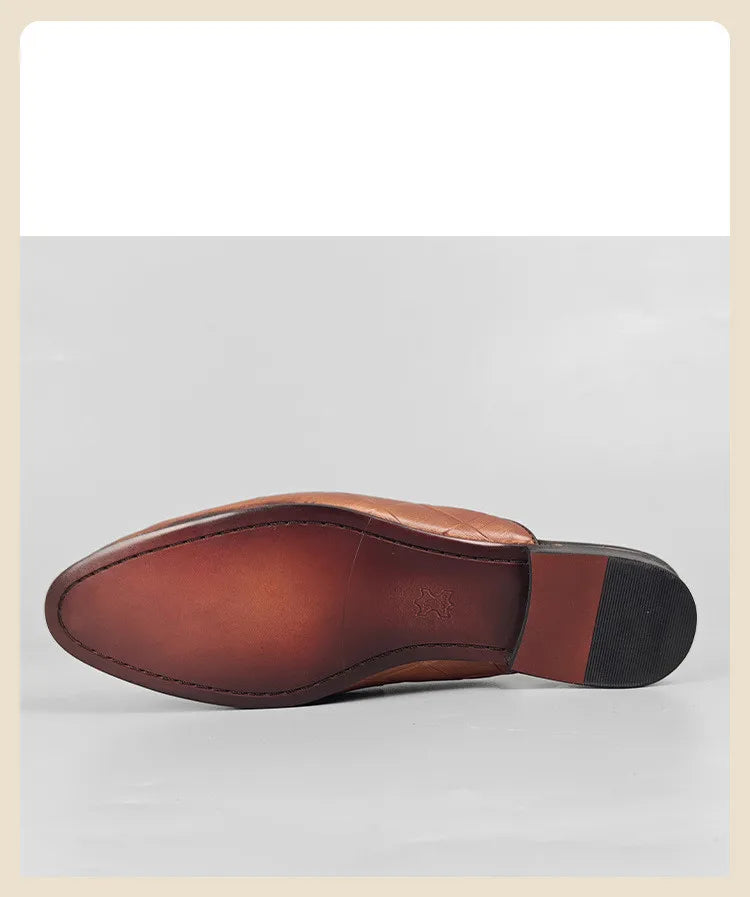 Mules plates pour hommes, pantoufles à enfiler en cuir de vache véritable, mocassins de luxe à motif Gerling, demi-chaussures fermées à bout pointu