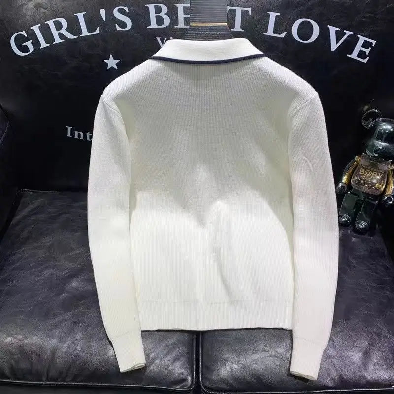 Pull pour  hommes tricot à manches longues solide haute qualité polo d'affaires coupe ajustée,hauts de qualité