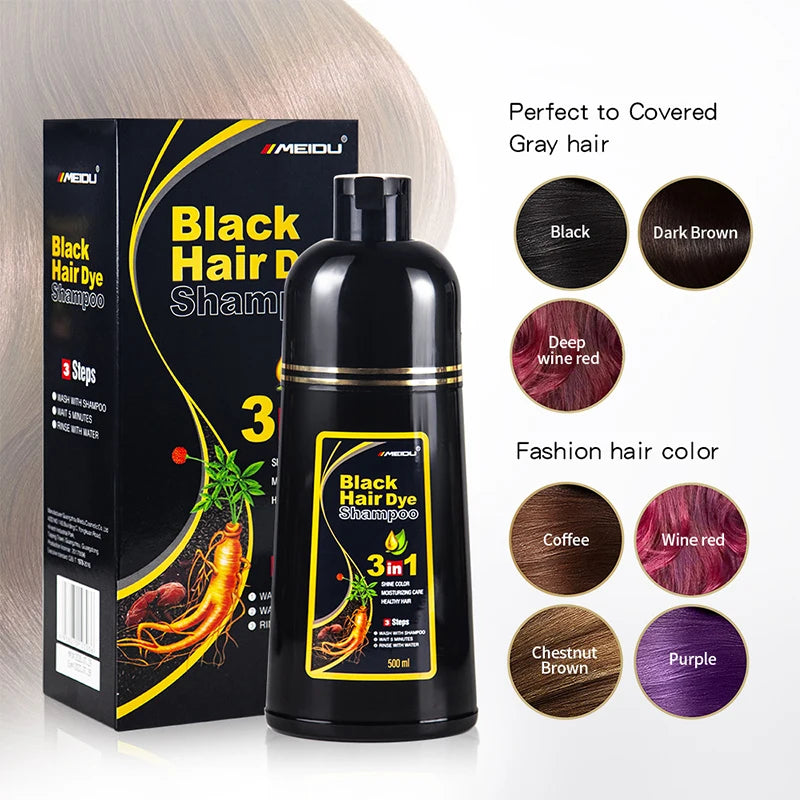 Shampooing à Coloration Instantanée 3 en 1, Teinture pour Cheveux, à Base de Plantes, Brun Violet, Document Noir Naturel, pour Homme et Femme