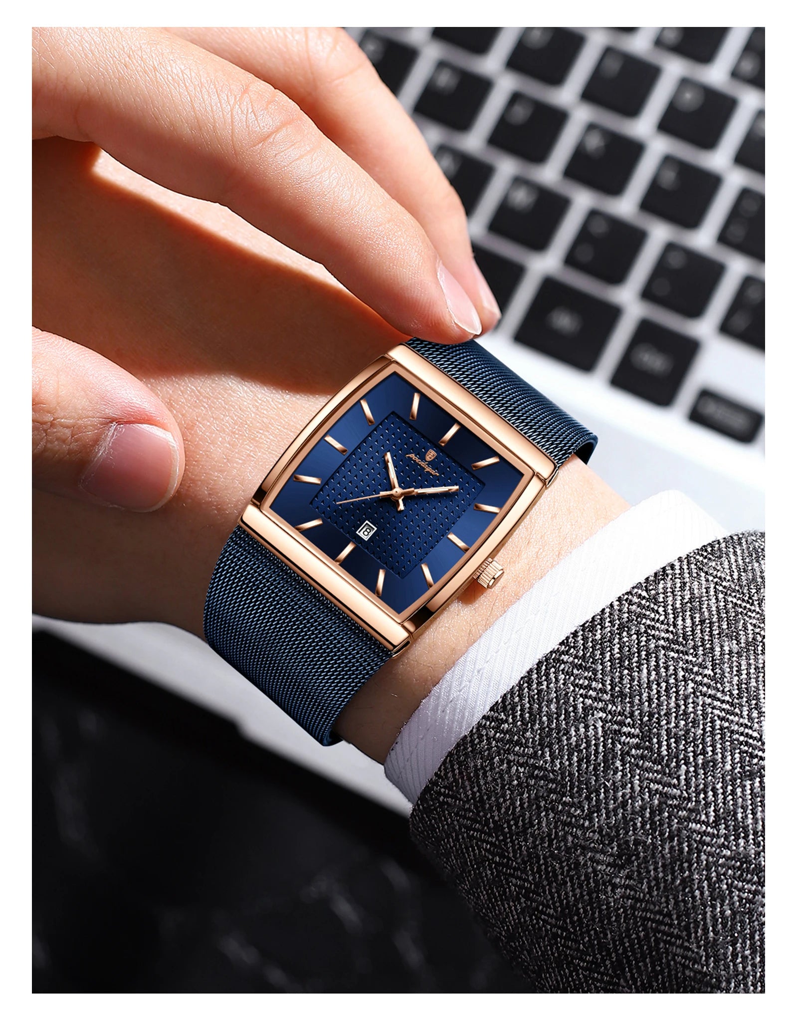 Top luxe hommes montre en acier inoxydable maille Date étanche lumineux homme montre-bracelet décontracté Rectangle Quartz hommes montres