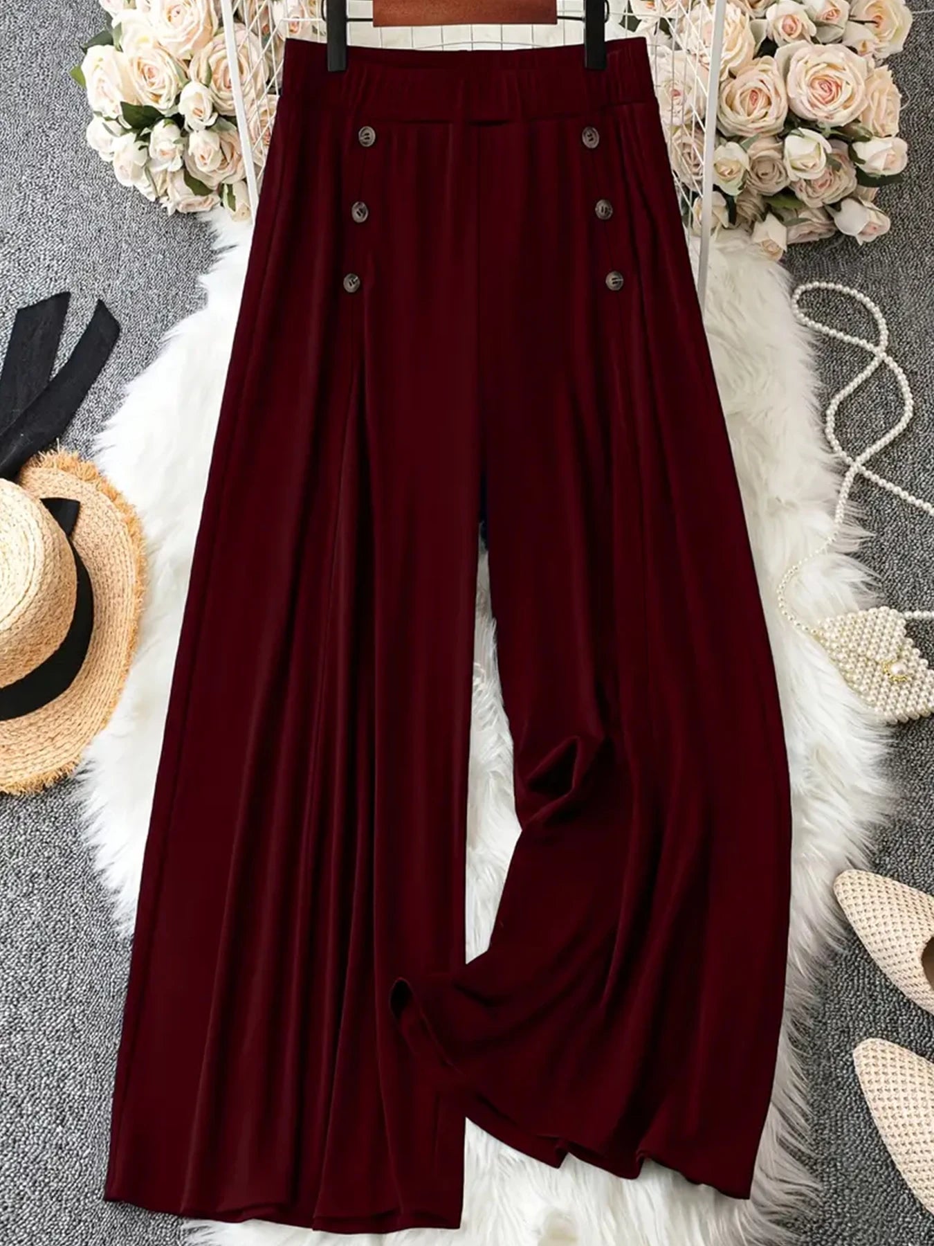 Pantalon taille haute à jambes larges pour femmes, couleur unie, ample, confortable, décontracté, avec boutons décoratifs
