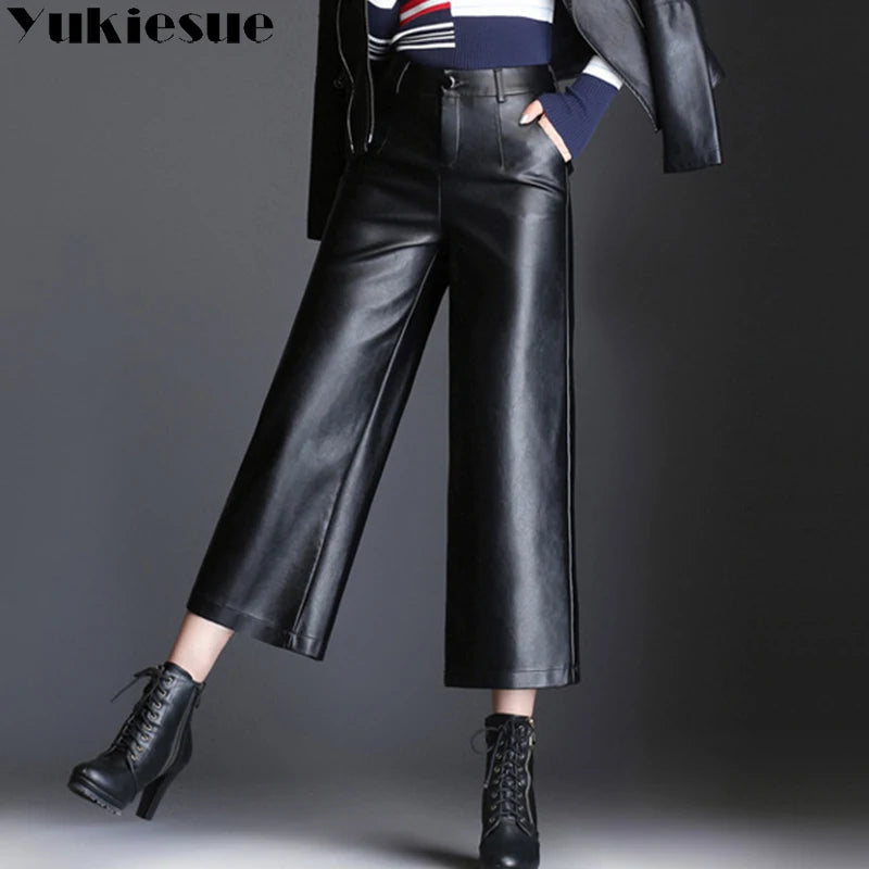 Pantalon capri en cuir PU pour femme, pantalon à jambes larges, pantalon droit, hiver, automne
