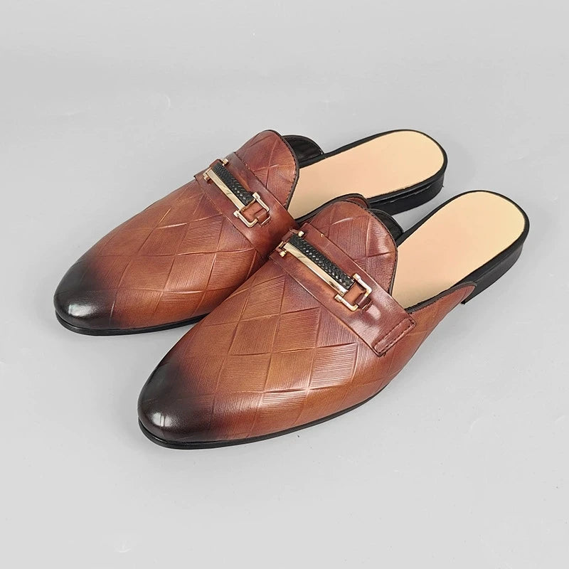 Mules plates pour hommes, pantoufles à enfiler en cuir de vache véritable, mocassins de luxe à motif Gerling, demi-chaussures fermées à bout pointu