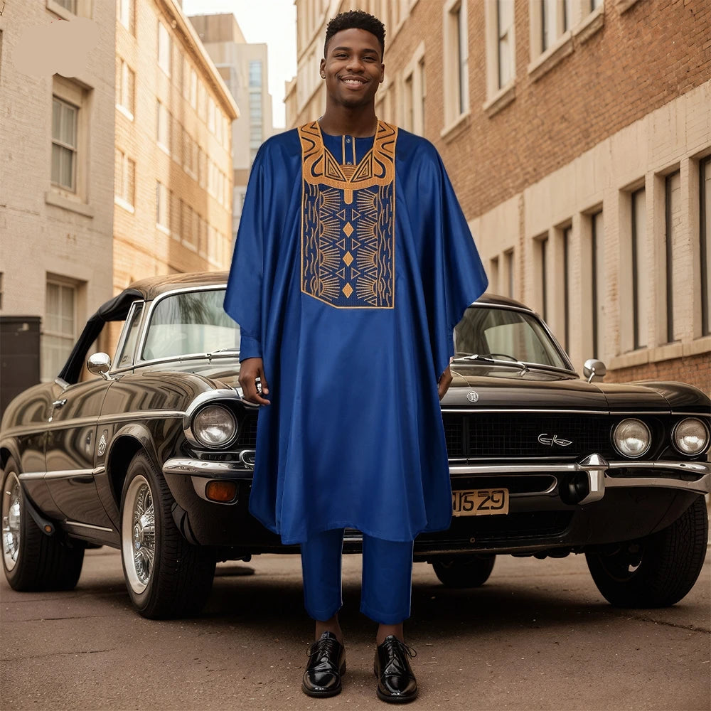 tenue traditionnelle Agbada africaine pour hommes, ensemble brodée Agbada bleue, grande taille, pour mariage, cérémonie, 3 pièces