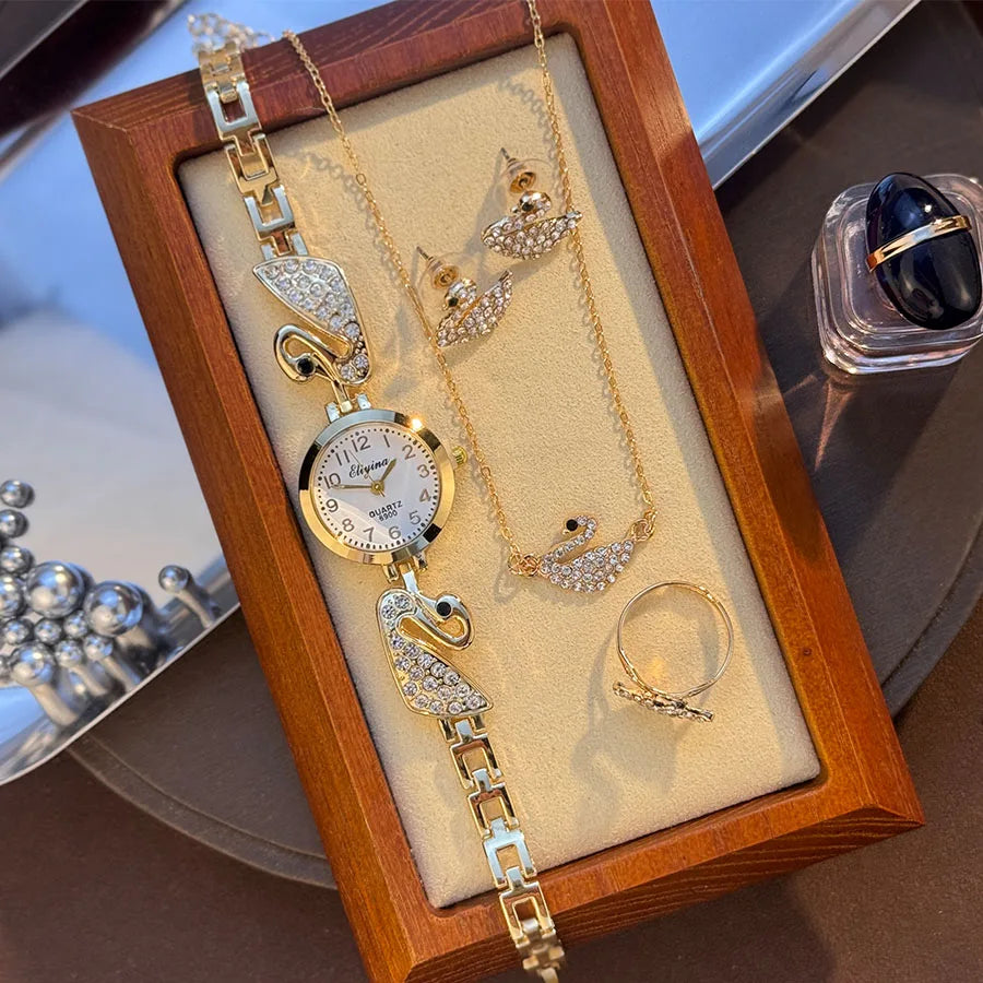 Ensemble Montre de luxe en diamant incrusté de perles pour femmes, cadeau pour femmes, collier, boucles d'oreilles, bague, montre-bracelet élégante, Suite de quatre pièces