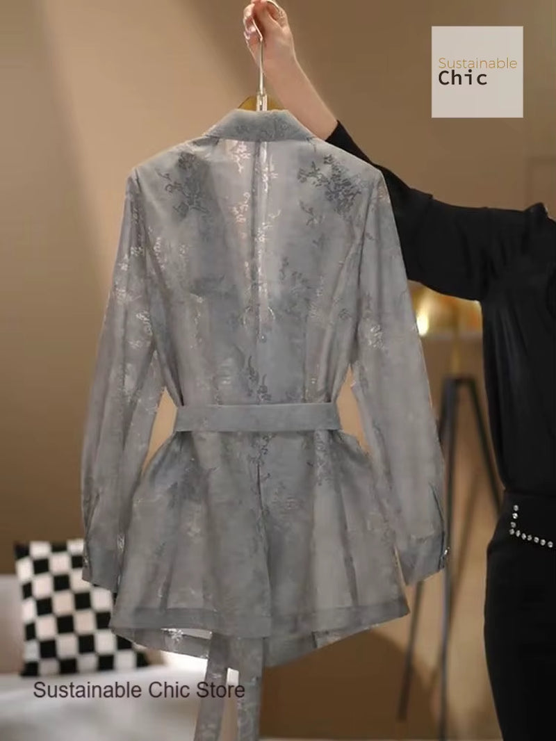 French Grey Embroidered Temperament Suit Female Summer New Fashion High-End Design Wide-Leg Pants Fashion Suit Two-Piece Female