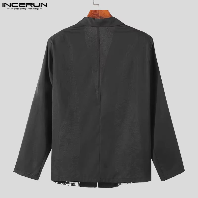 Men Blazer Mesh Patchwork Lace Transparent Lapel Long Sleeve Casual Suits Men Streetwear 2024 One Button Fashion Coats