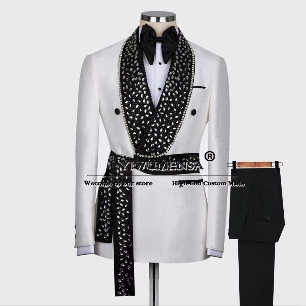 Luxury Diamond Beaded Suits Men for Wedding Double Breasted Jacket Pants 2 Pieces Groom Tuxedos Man Banquet Prom Blazer Outfits