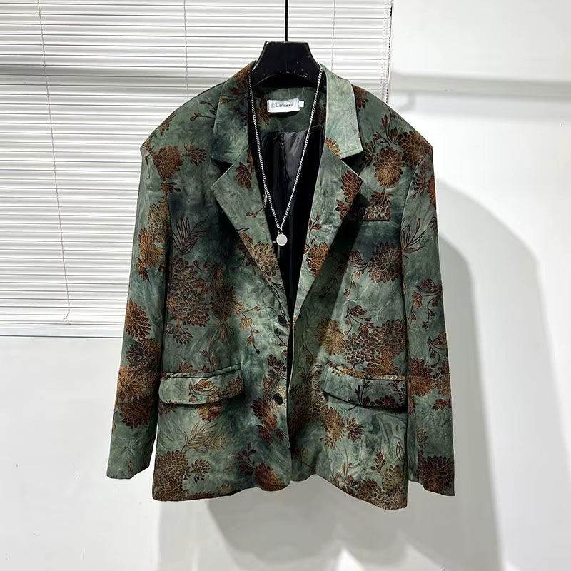 Gmiixder Vintage Flower Blazer Jacket Dark Autumn Top Retro Irregular Printed Suit Jacket Korean High-End Handsome Men'S Coat