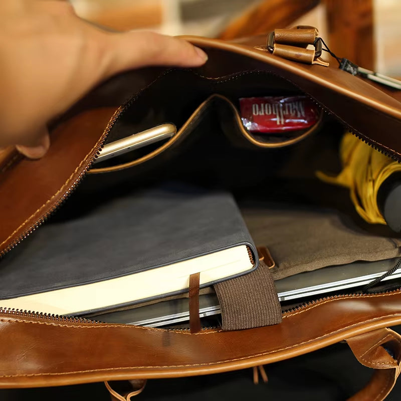 Brand Crazy Horse PU Leather Men Briefcase Vintage 14 Inch Business Laptop Handbag Fashion Messenger Shoulder Bag Man