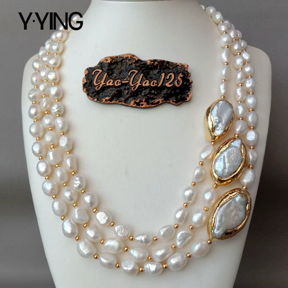 Y·YING 20" 3 Rows Cultured Baroque Pearl Necklace Keshi Pearl Gold Color Plated Connector Chokers Luxury Wedding for Women