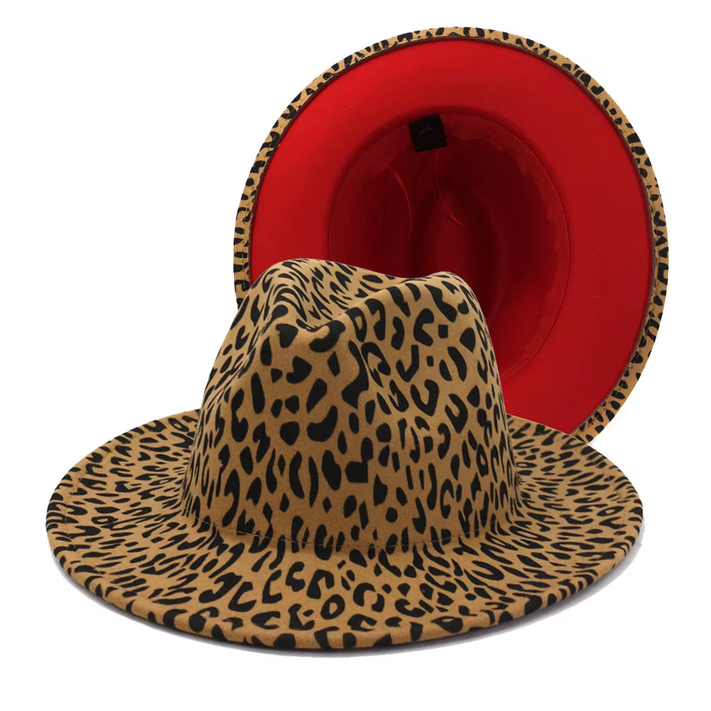 Wide Brim Leopard Print with Red Bottom Fedora Faux Wool Felt Hat Women Men Party Trilby Jazz Church Hats Patchwork Panama Cap