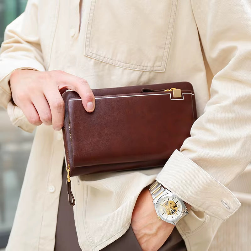 Luxury Brand Men Clutch Bag Leather Long Purse Double Zipper Business Wallet for Husband Gift Black Brown Male Casual Handy Bag
