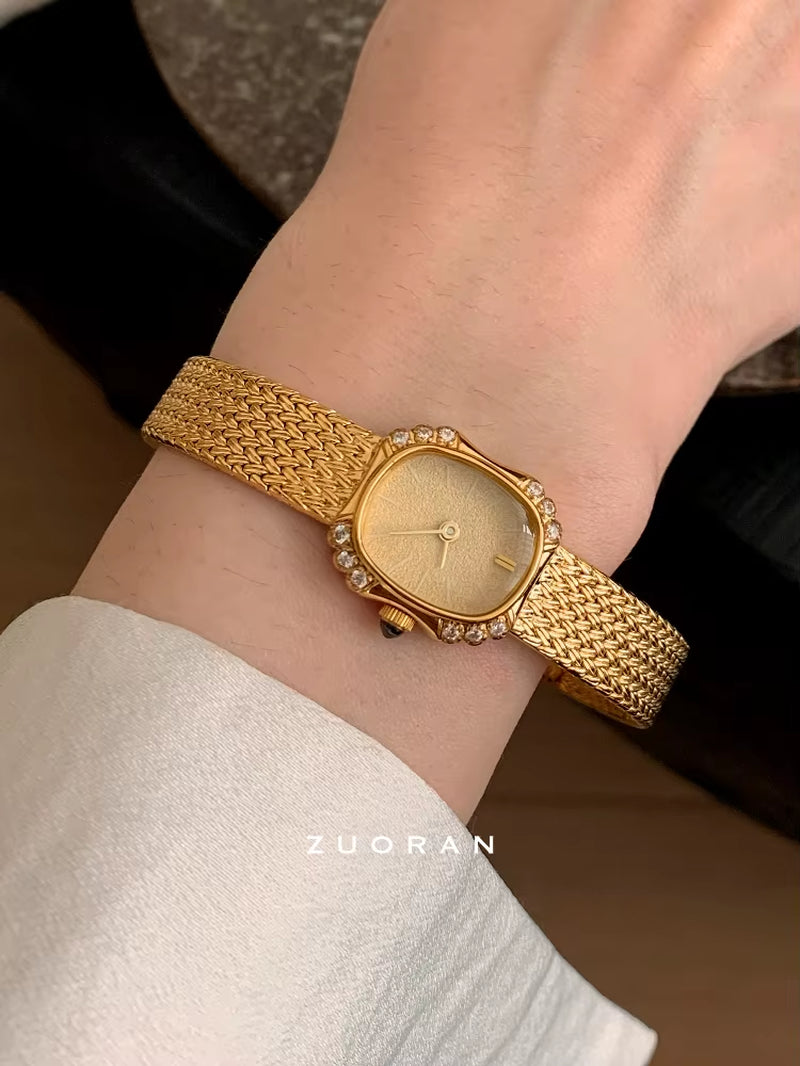 Vintage High-End Gold Watch, Fashionable and Exquisite Women'S Watch with Rhinestones Inlaid, Luxurious Temperament