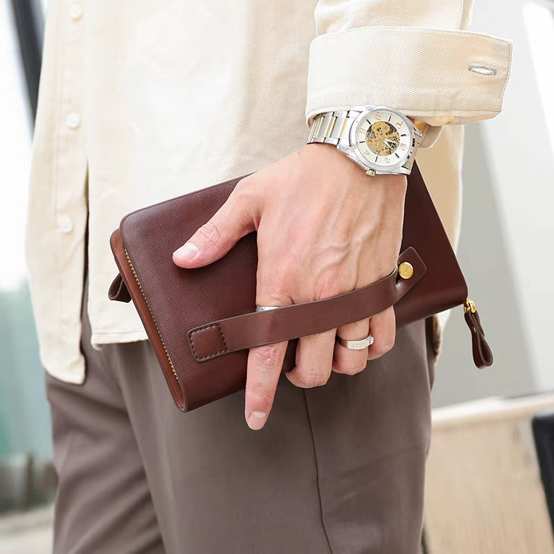 Luxury Brand Men Clutch Bag Leather Long Purse Double Zipper Business Wallet for Husband Gift Black Brown Male Casual Handy Bag
