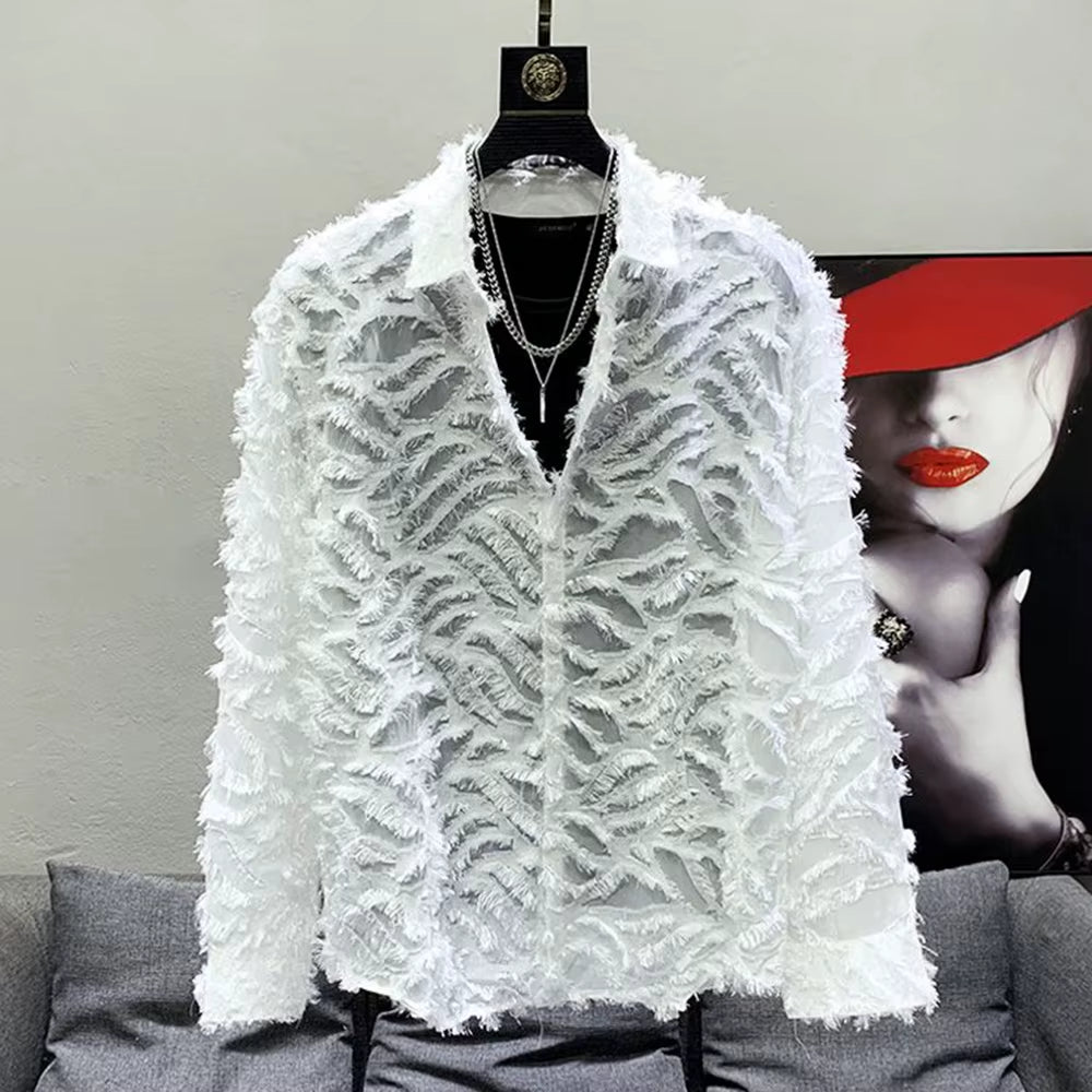 Mens Shirt Y2K Hollow Feather Tassel Shirt Streetwear Niche Personality Breathable Nightclub Trend Tops Men'S Clothing 2024