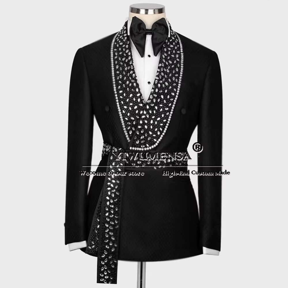 Luxury Diamond Beaded Suits Men for Wedding Double Breasted Jacket Pants 2 Pieces Groom Tuxedos Man Banquet Prom Blazer Outfits
