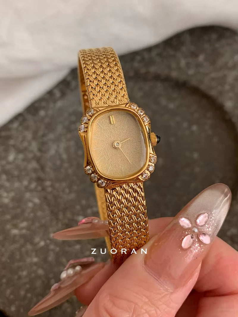 Vintage High-End Gold Watch, Fashionable and Exquisite Women'S Watch with Rhinestones Inlaid, Luxurious Temperament