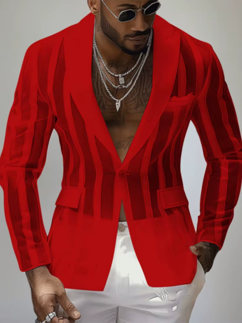 Handsome New Men'S Tops 2025 See-Through Striped Suit Coats Fashionable Male Hot Selling Long Sleeve Blazer Black White Red